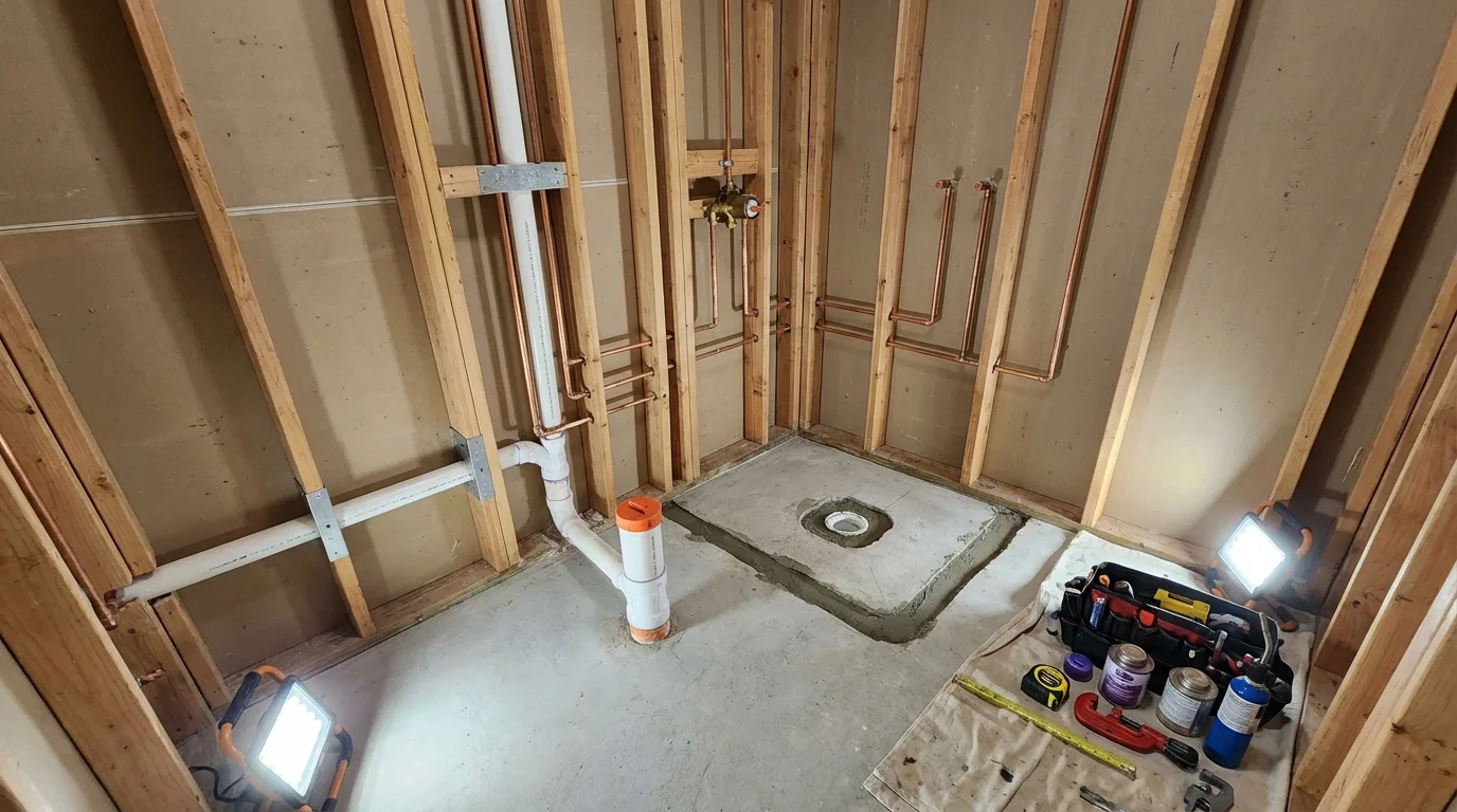 Bathroom rough-in plumbing during remodel by Johns Plumbing LLC in Claysburg