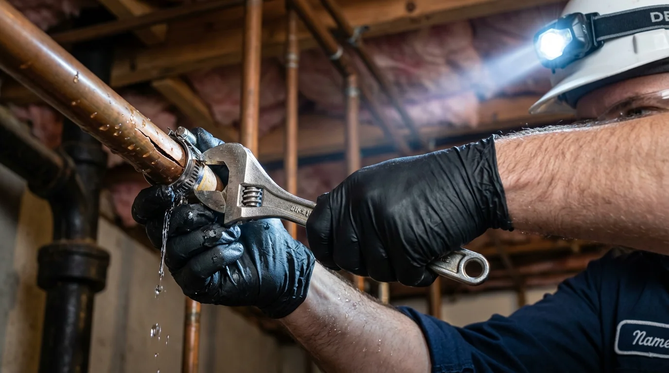 Emergency pipe clamp repair being performed by a Johns Plumbing LLC plumber in Claysburg