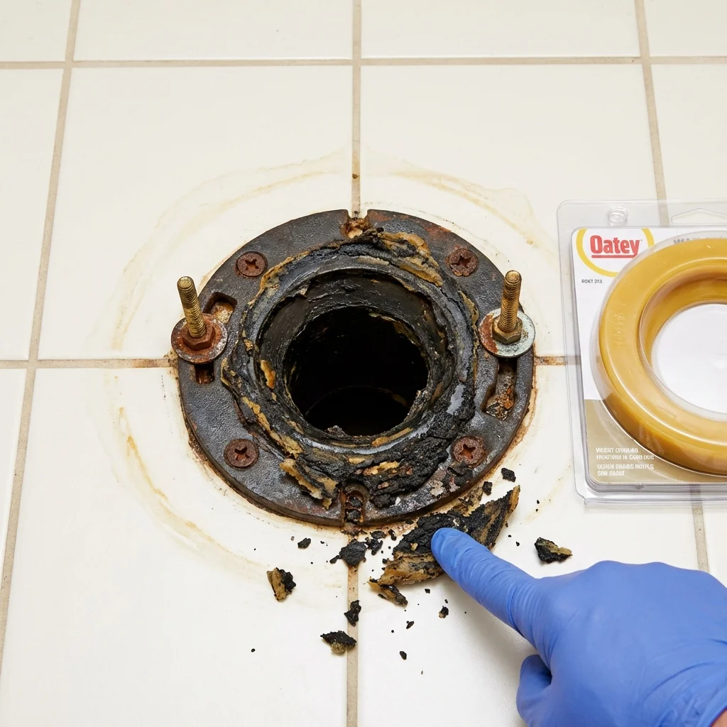 Failed wax ring showing water seepage at the base of a toilet in a Claysburg, PA home
