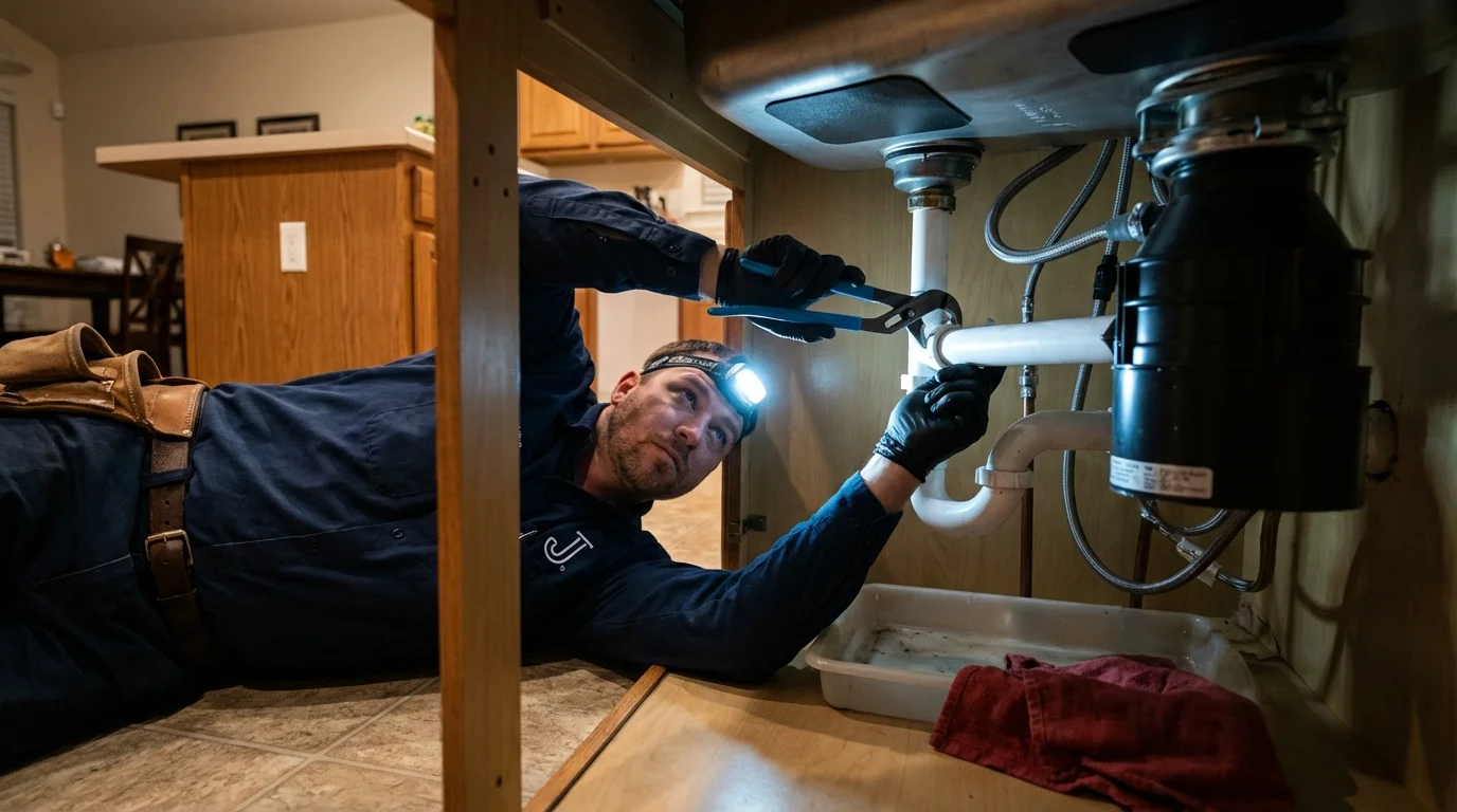 P-trap and supply line connections under a kitchen sink showing a common leak point in Claysburg, PA